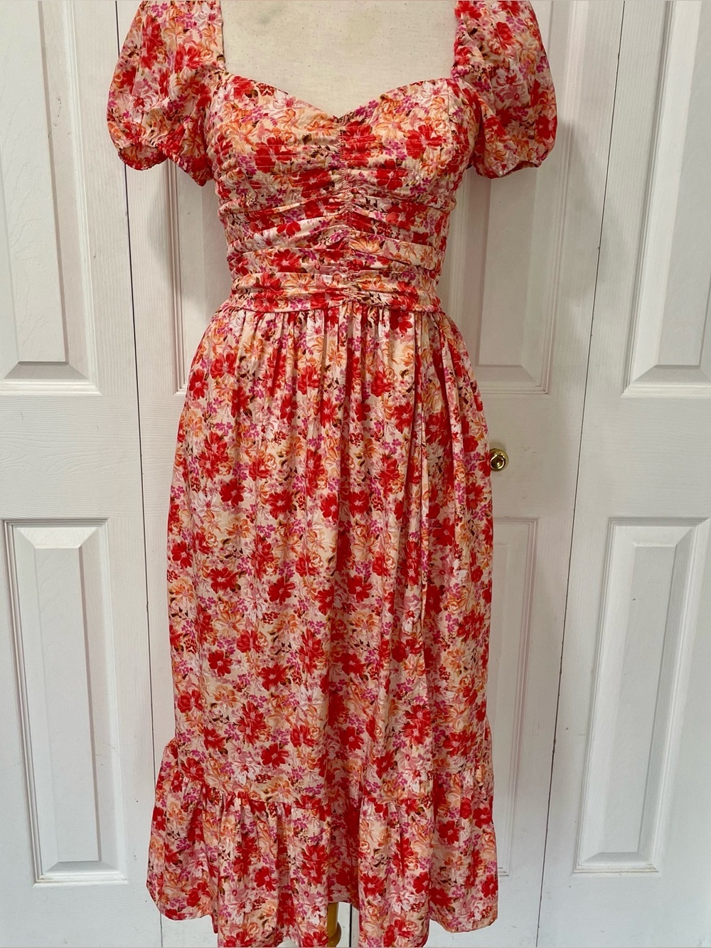 Free People Floral Puff-Sleeve Midi Dress in Red and Pink